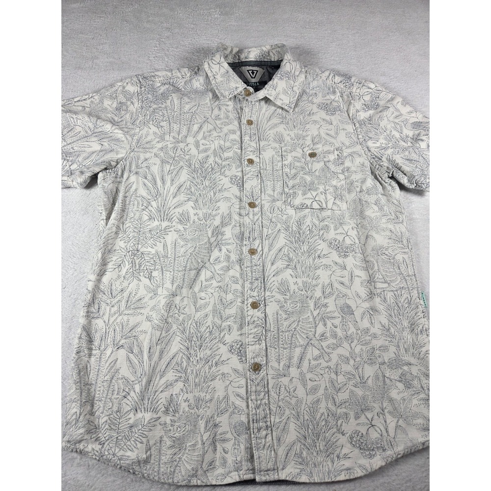 Vissla Mens Medium Button Down Shirt 100% Cotton Bird Botanical Print Surf